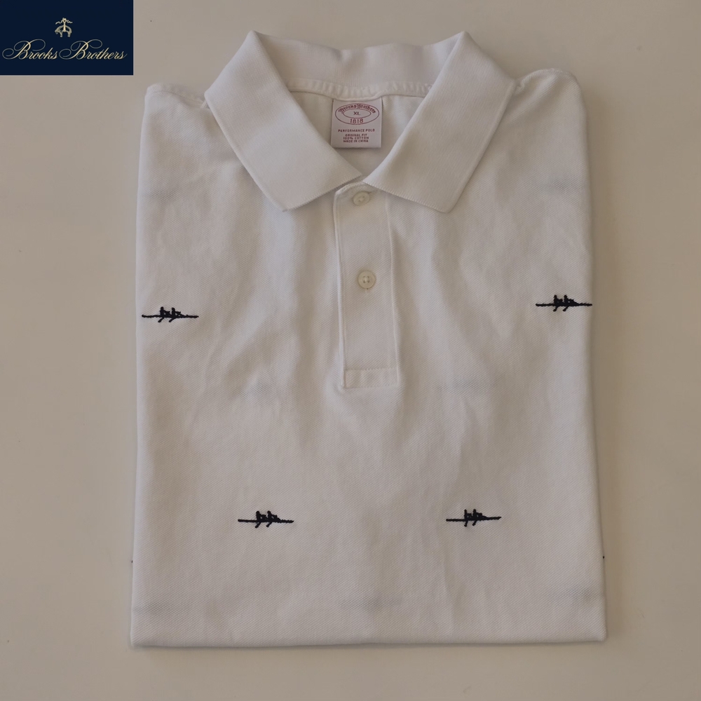 Brooks Brothers Men's XL White Polo Shirt with Embroidered Navy 'Dual Rowers'